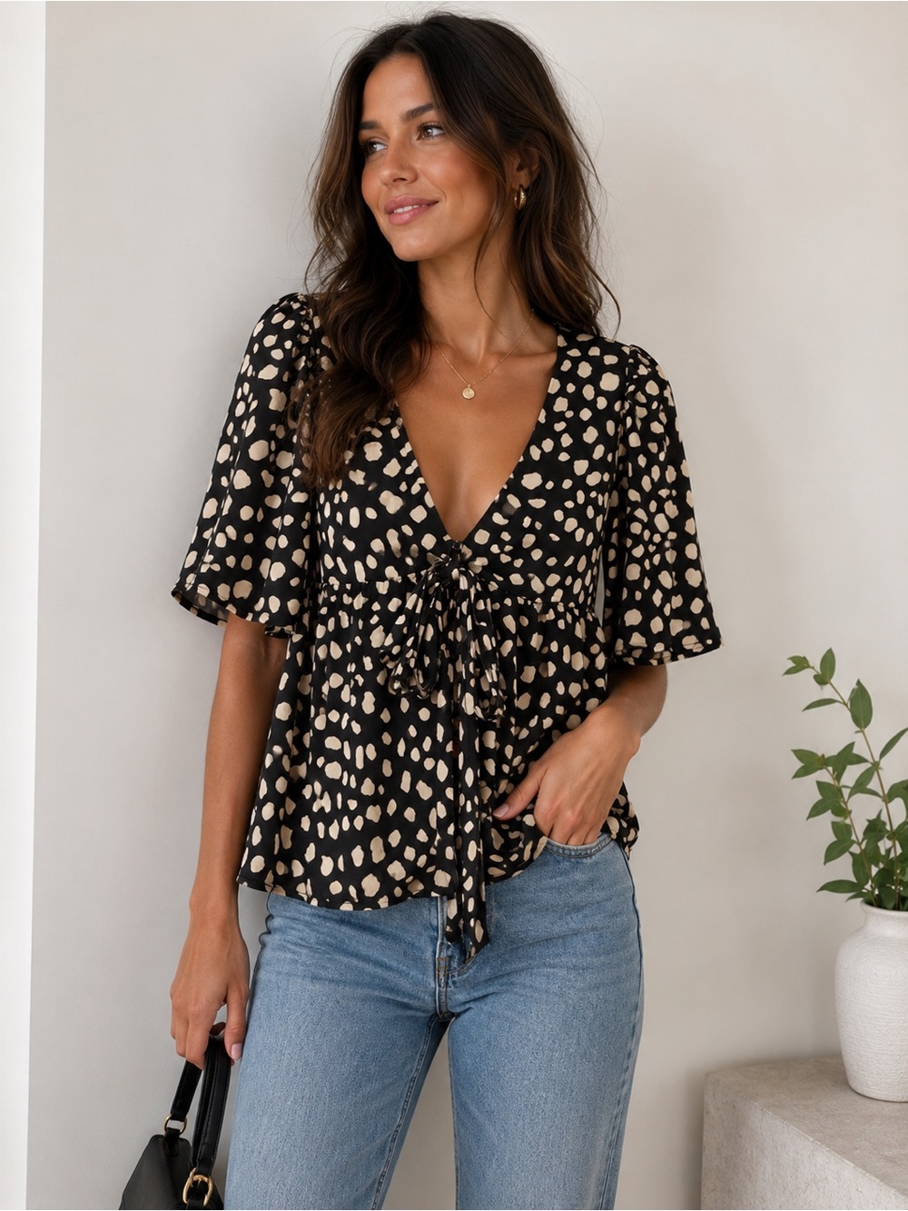 LOFT Black & Cream V-Neck Tie-Front Blouse